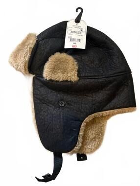 NWT St. John's Bay Black Faux Leather Trapper Hat Faux Fur Lining - Mens L/XL